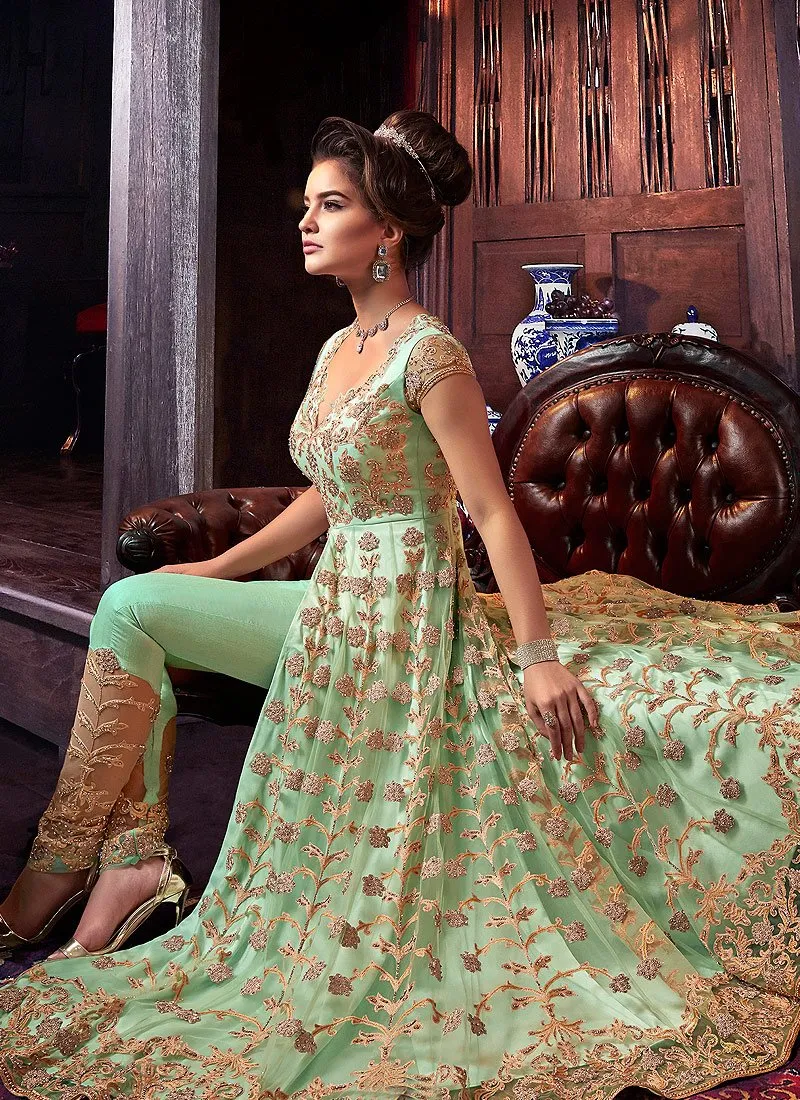 Fabulous Green Embroidered Front Slit Anarkali