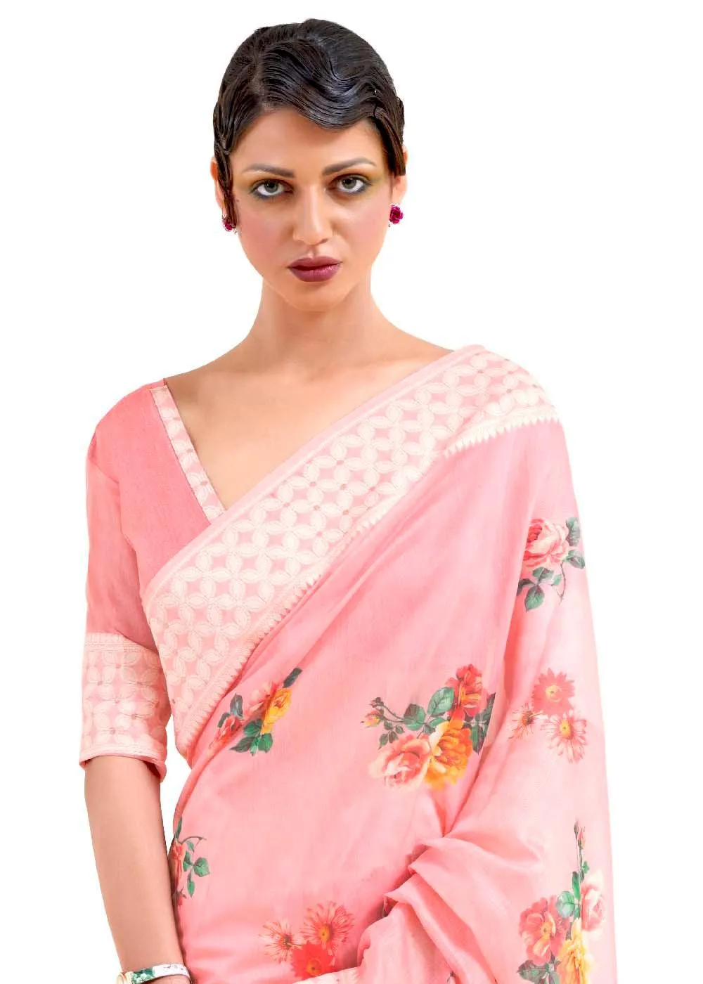 Flamingo Pink Chikankari Silk Saree with Floral Digital Print | Stitched Blouse