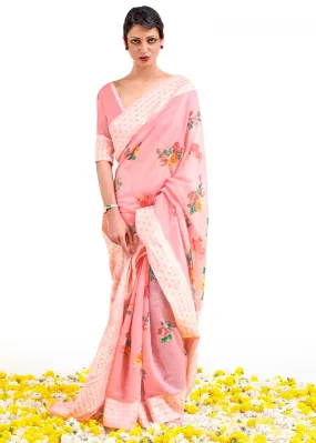 Flamingo Pink Chikankari Silk Saree with Floral Digital Print | Stitched Blouse