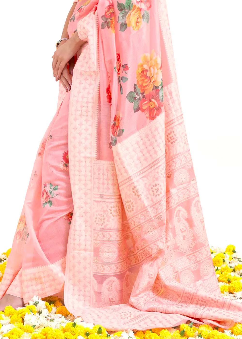 Flamingo Pink Chikankari Silk Saree with Floral Digital Print | Stitched Blouse