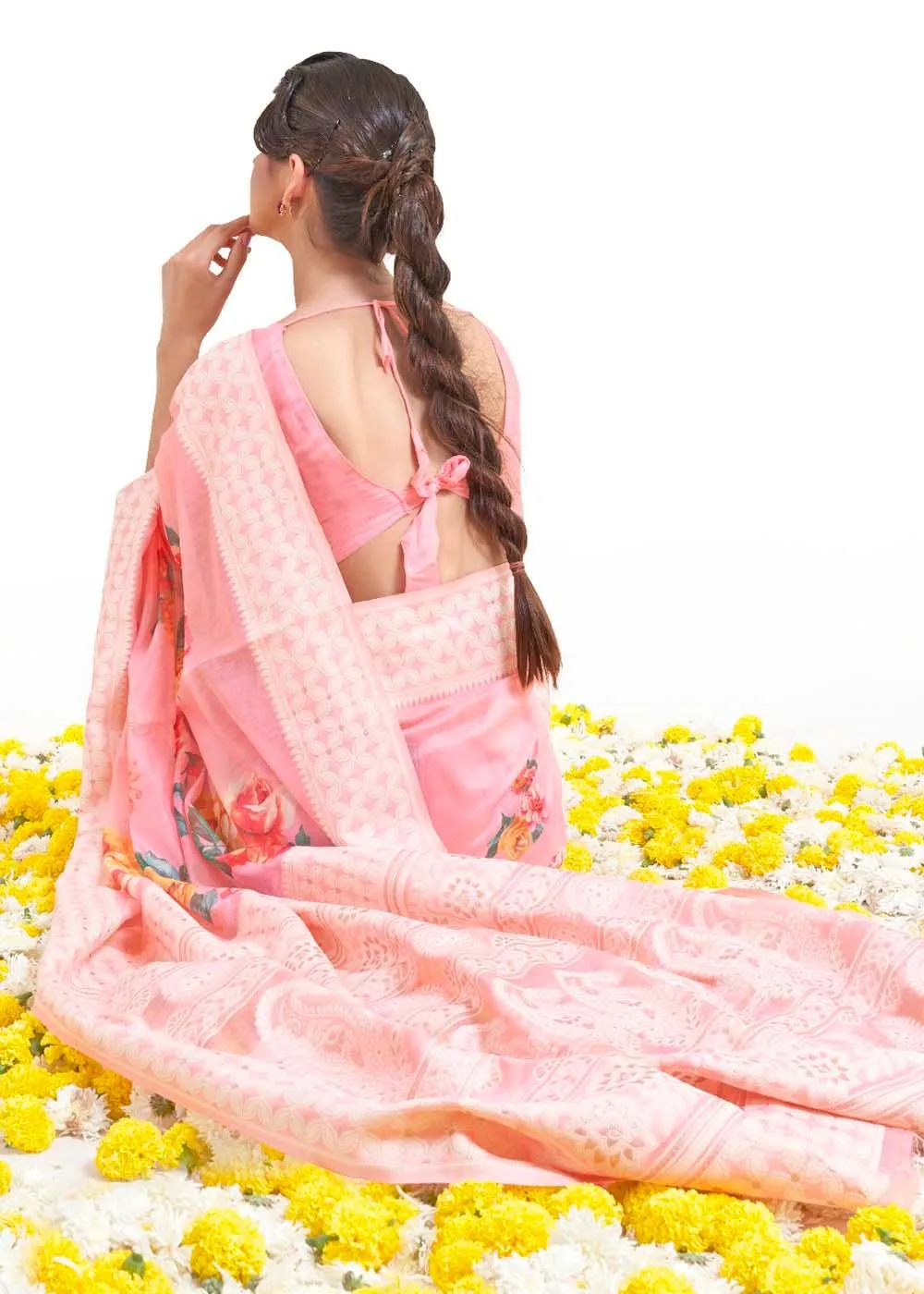 Flamingo Pink Chikankari Silk Saree with Floral Digital Print | Stitched Blouse