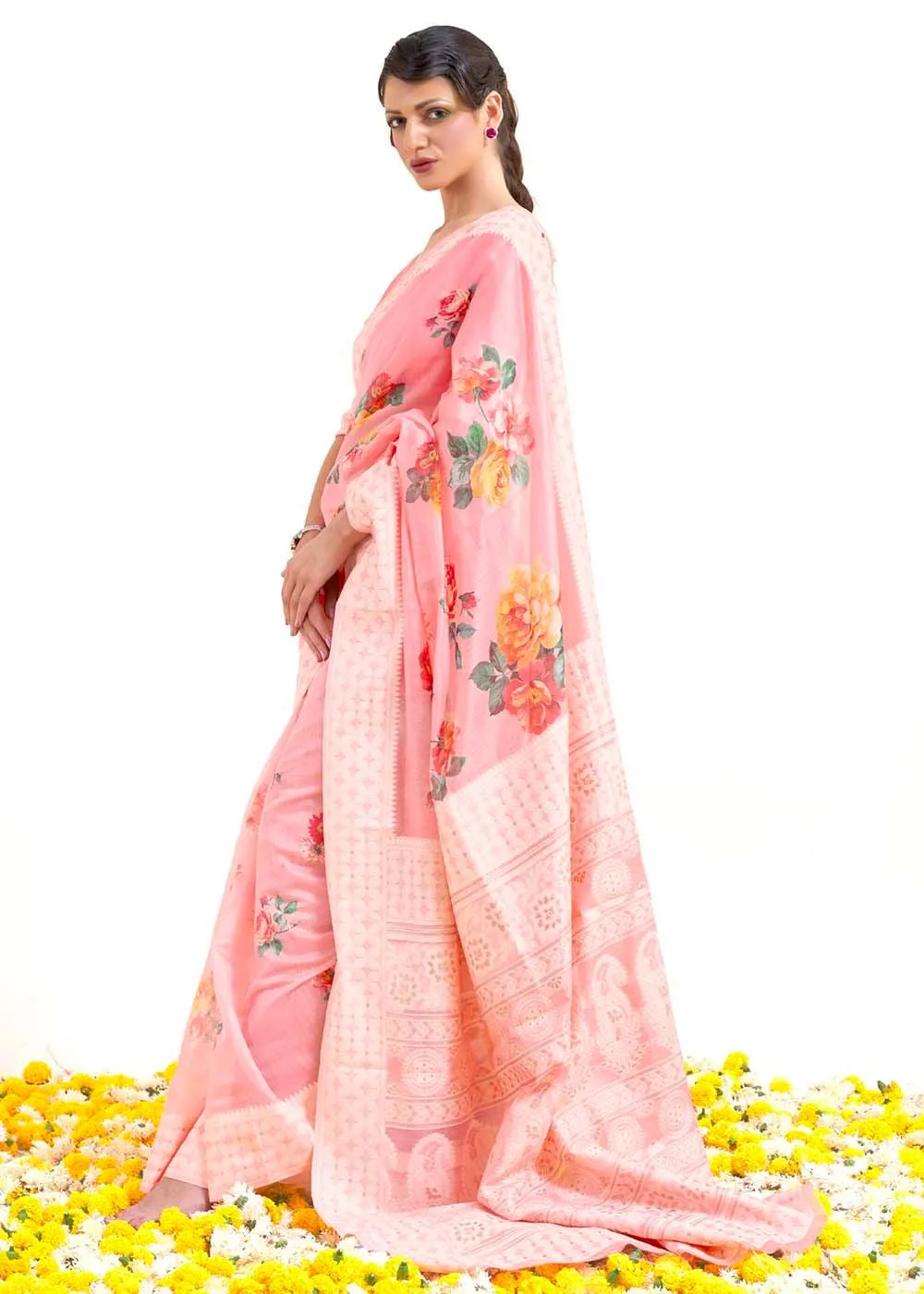 Flamingo Pink Chikankari Silk Saree with Floral Digital Print | Stitched Blouse