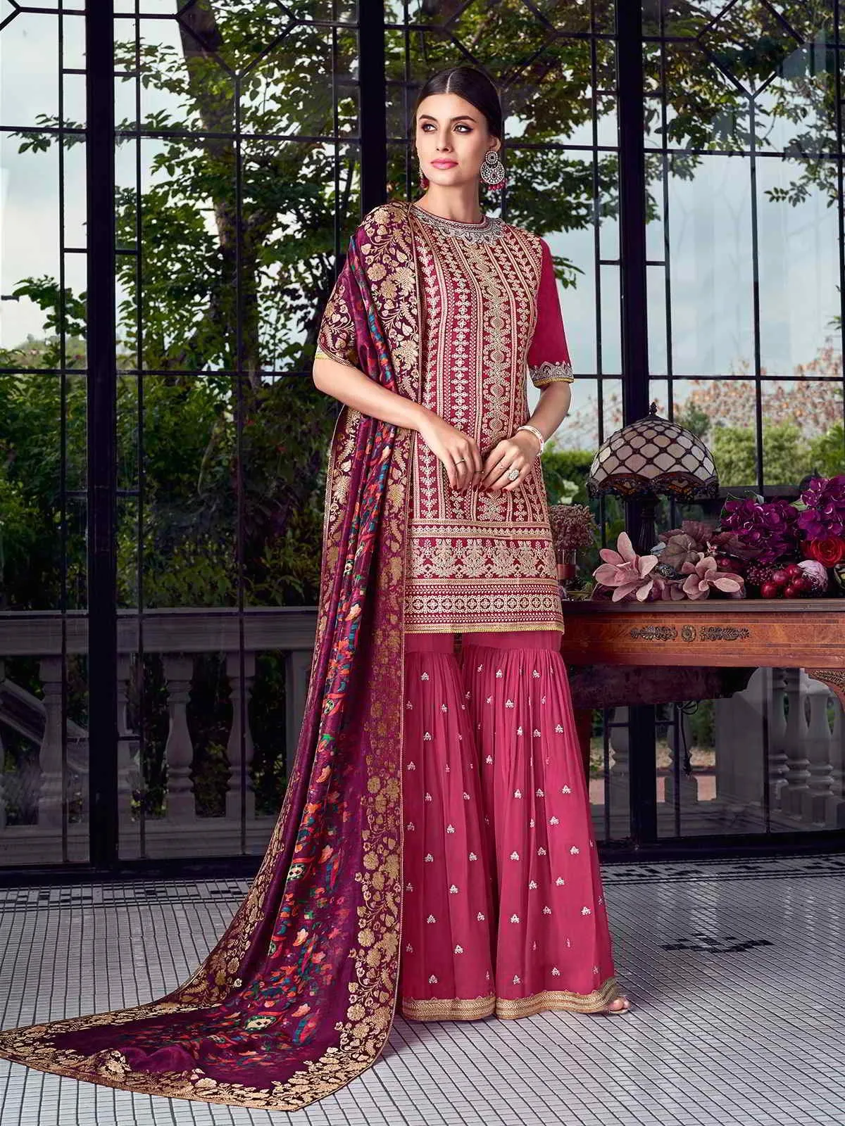 Flattering Pink Lucknowi Embroidered Pakistani Style Palazzo Suit