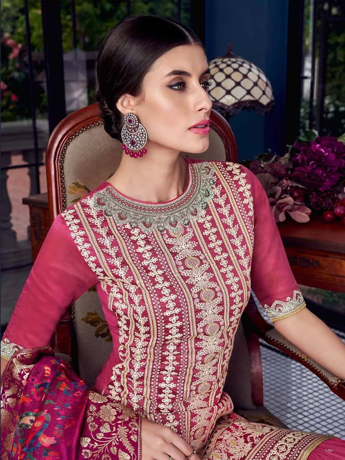 Flattering Pink Lucknowi Embroidered Pakistani Style Palazzo Suit