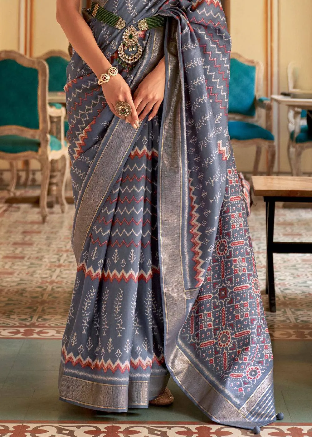 Flint Grey Designer Silk Saree with Blouse