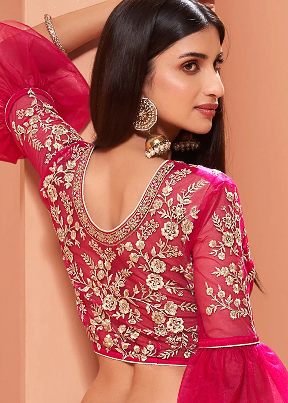 Floral Embroidered Cerise Pink Bridal Lehenga Choli