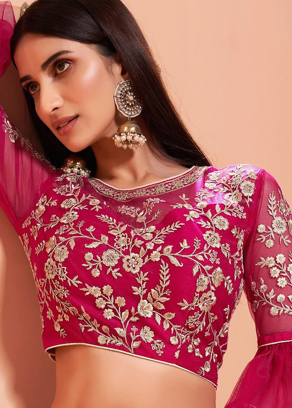 Floral Embroidered Cerise Pink Bridal Lehenga Choli