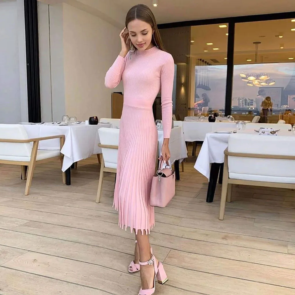 Flytonn- Ribbed Long Sleeve High Neck Knit Pleated Midi Sweater Dress - Pink