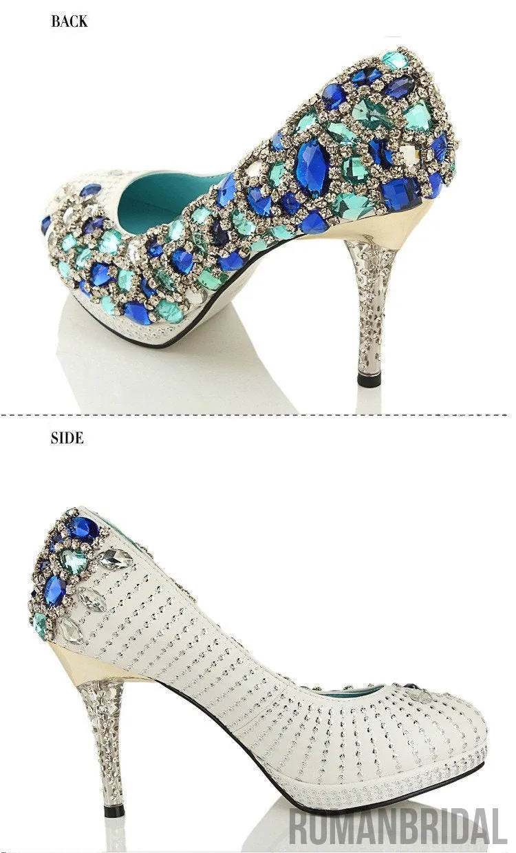 Four Colors Handmade Rhinestone High Heels Pointed Toe Crystal Wedding Shoes, S028