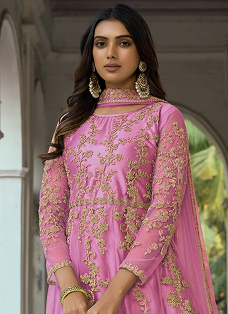 Fuchsia Pink Golden Embroidery Traditional Anarkali Suit