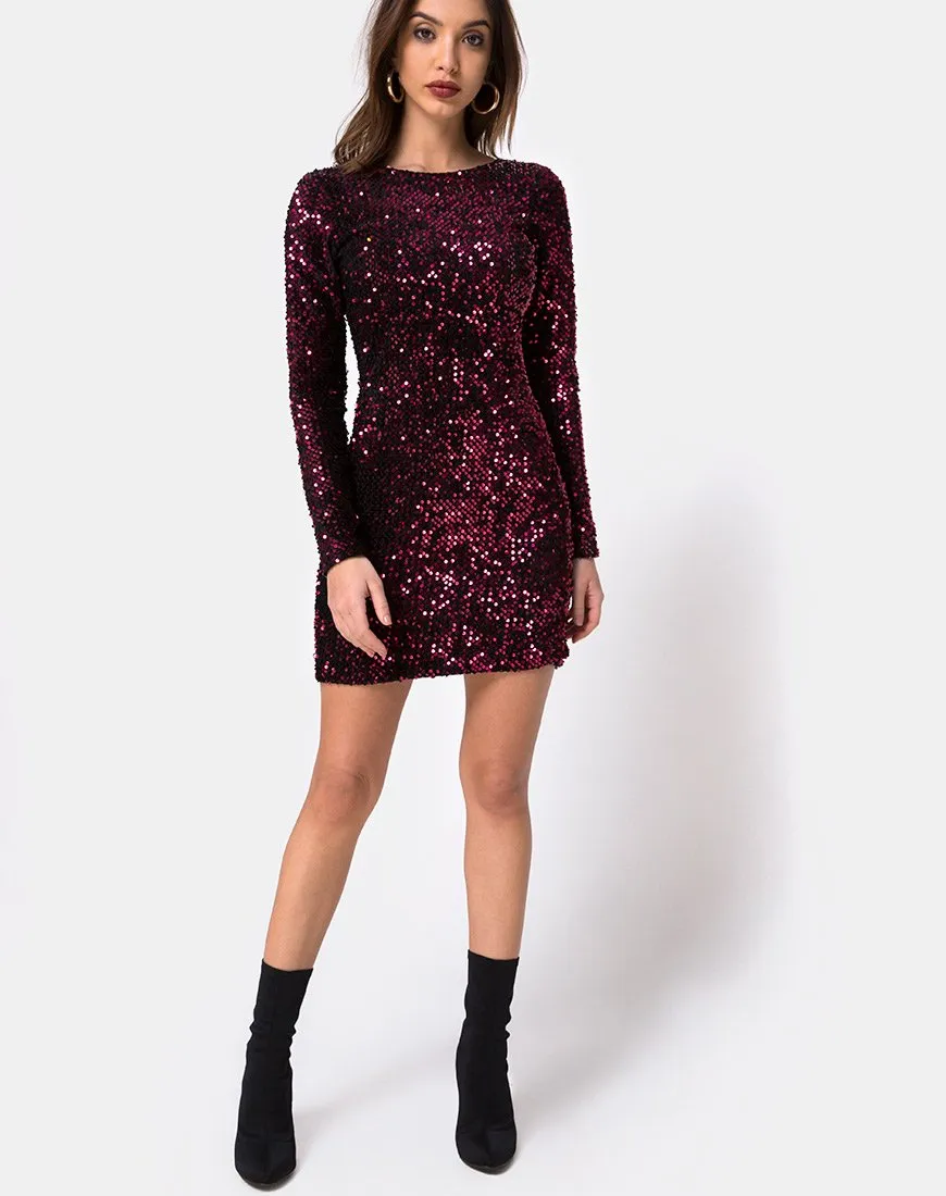 Gabby Plunge Back Dress in Wine Sequin