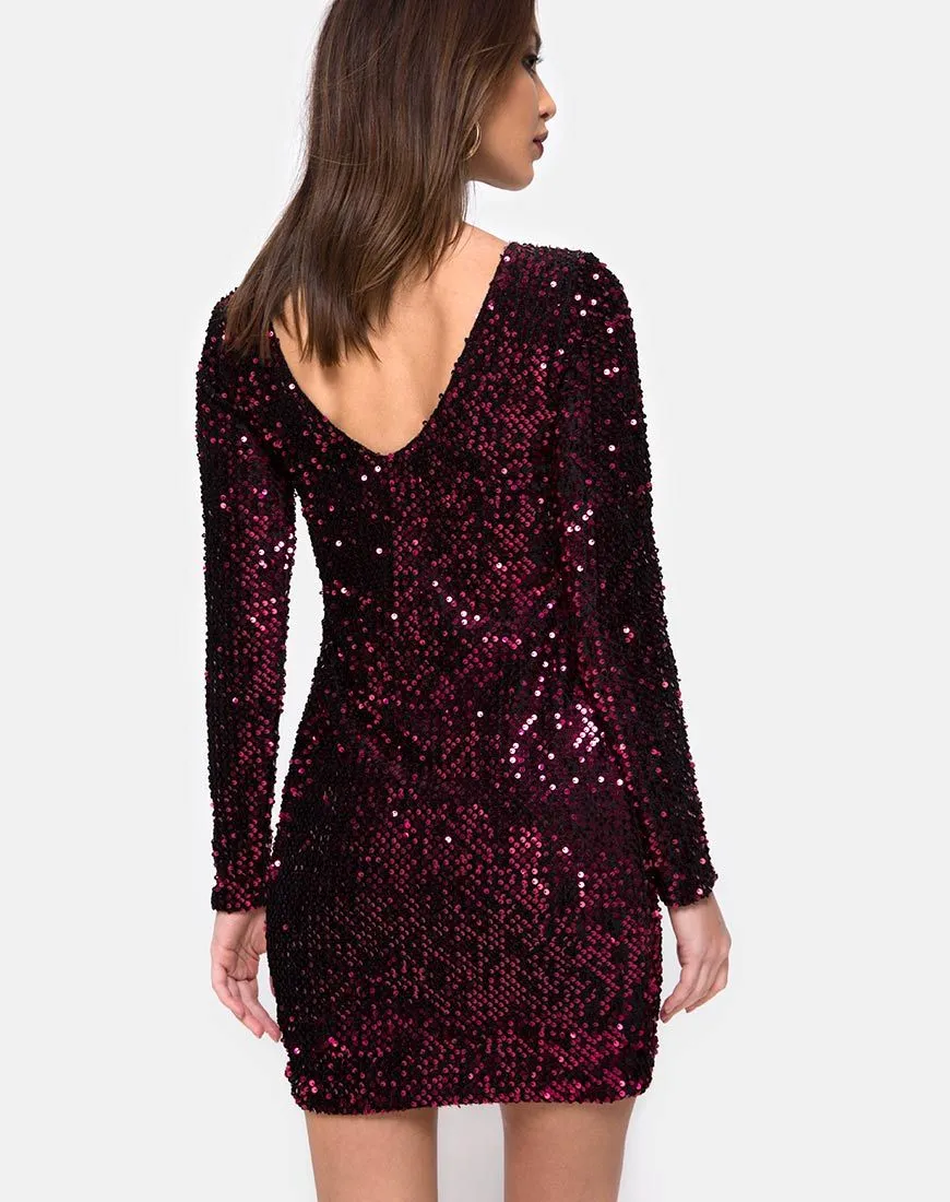 Gabby Plunge Back Dress in Wine Sequin