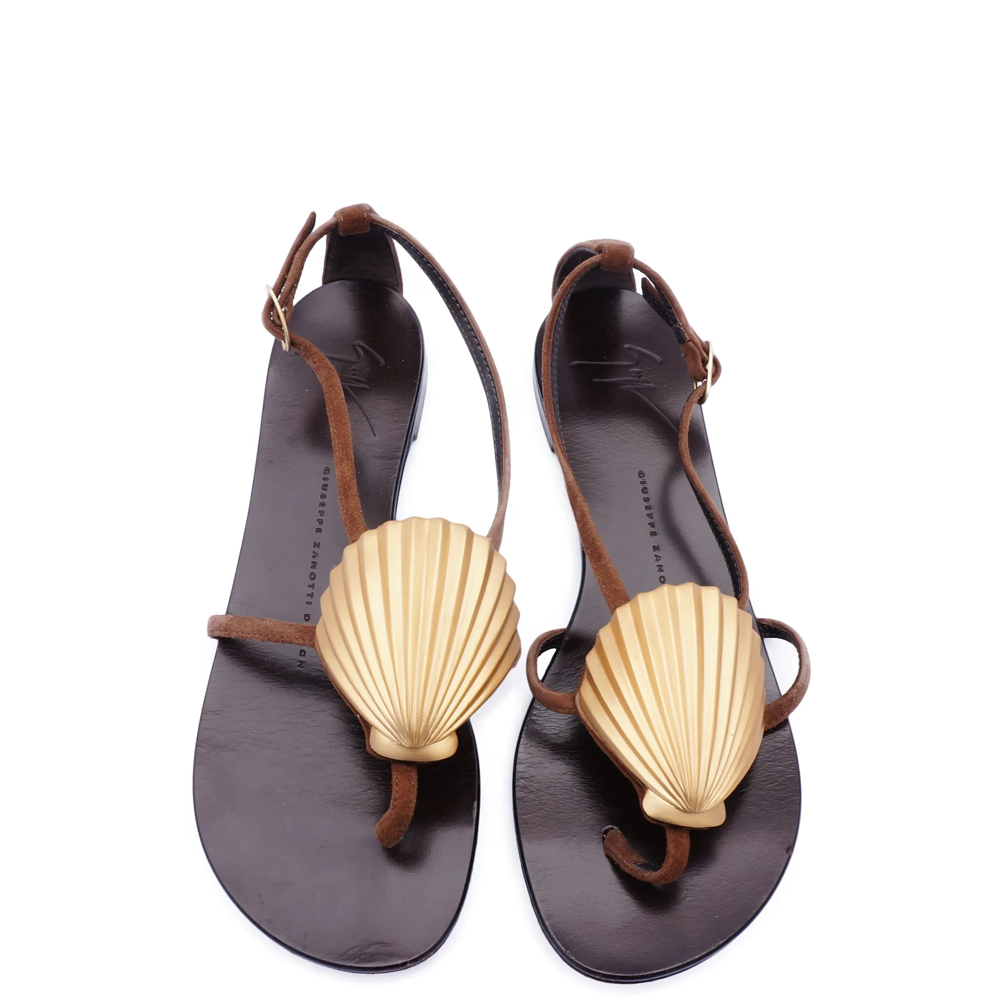 GIUSEPPE ZANOTTI BROWN SUEDE GOLD SHELL SANDALS