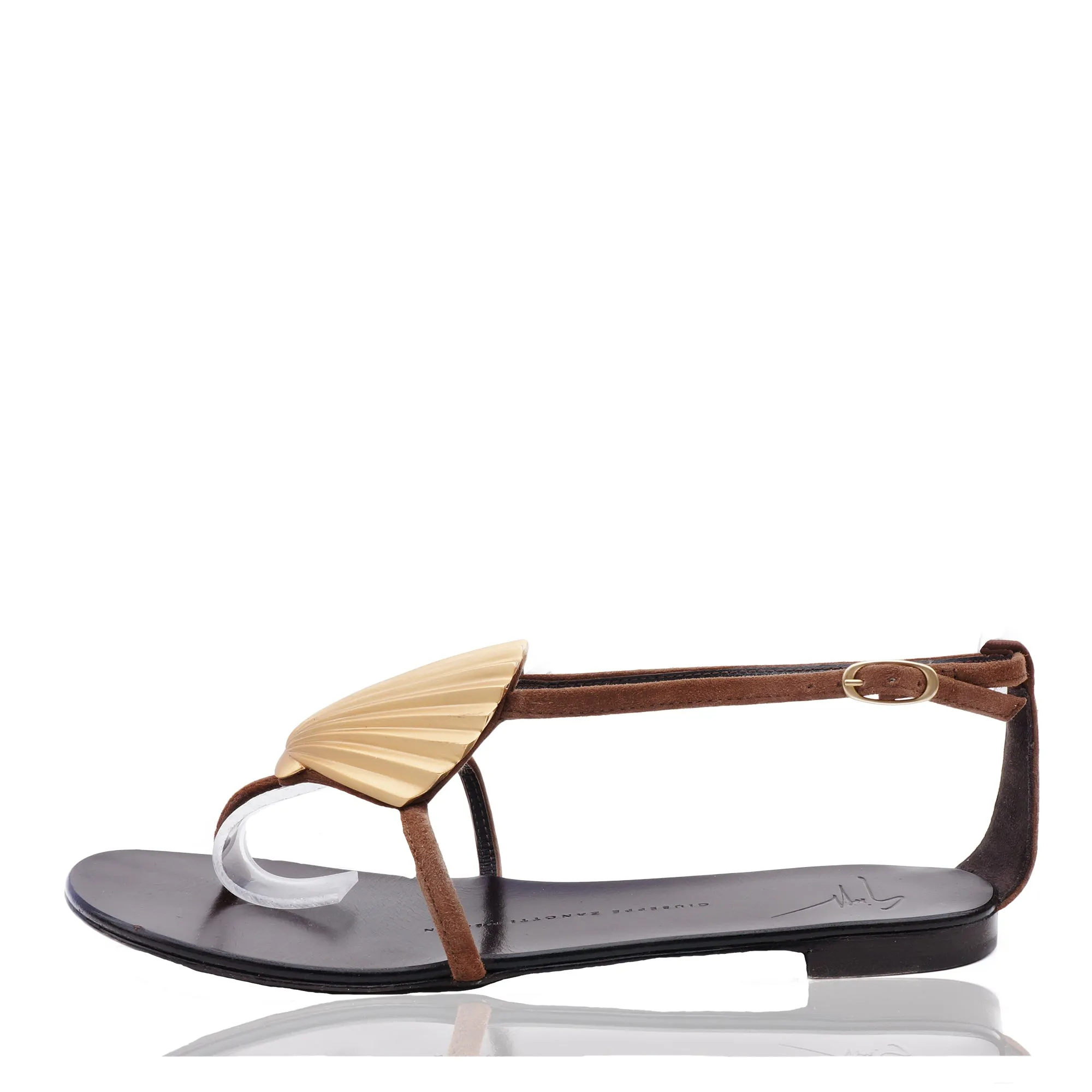 GIUSEPPE ZANOTTI BROWN SUEDE GOLD SHELL SANDALS