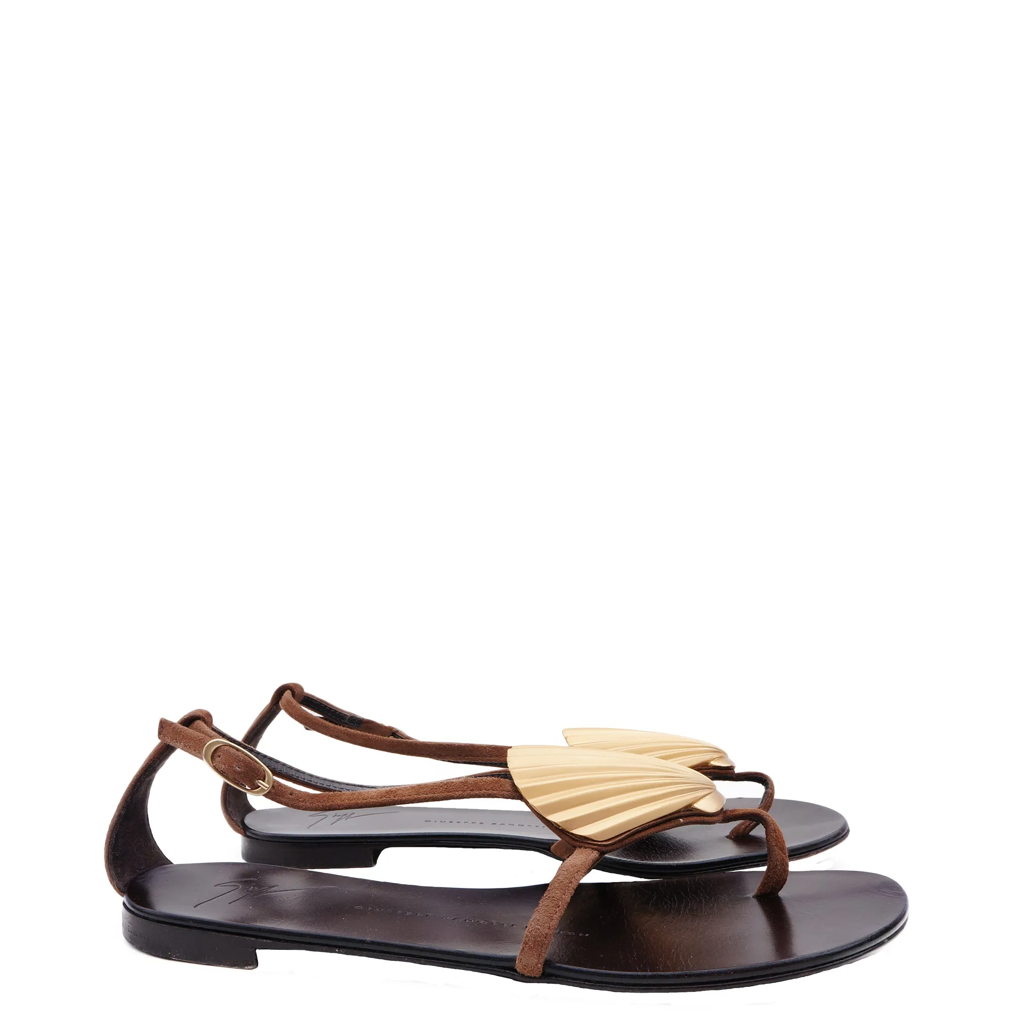 GIUSEPPE ZANOTTI BROWN SUEDE GOLD SHELL SANDALS