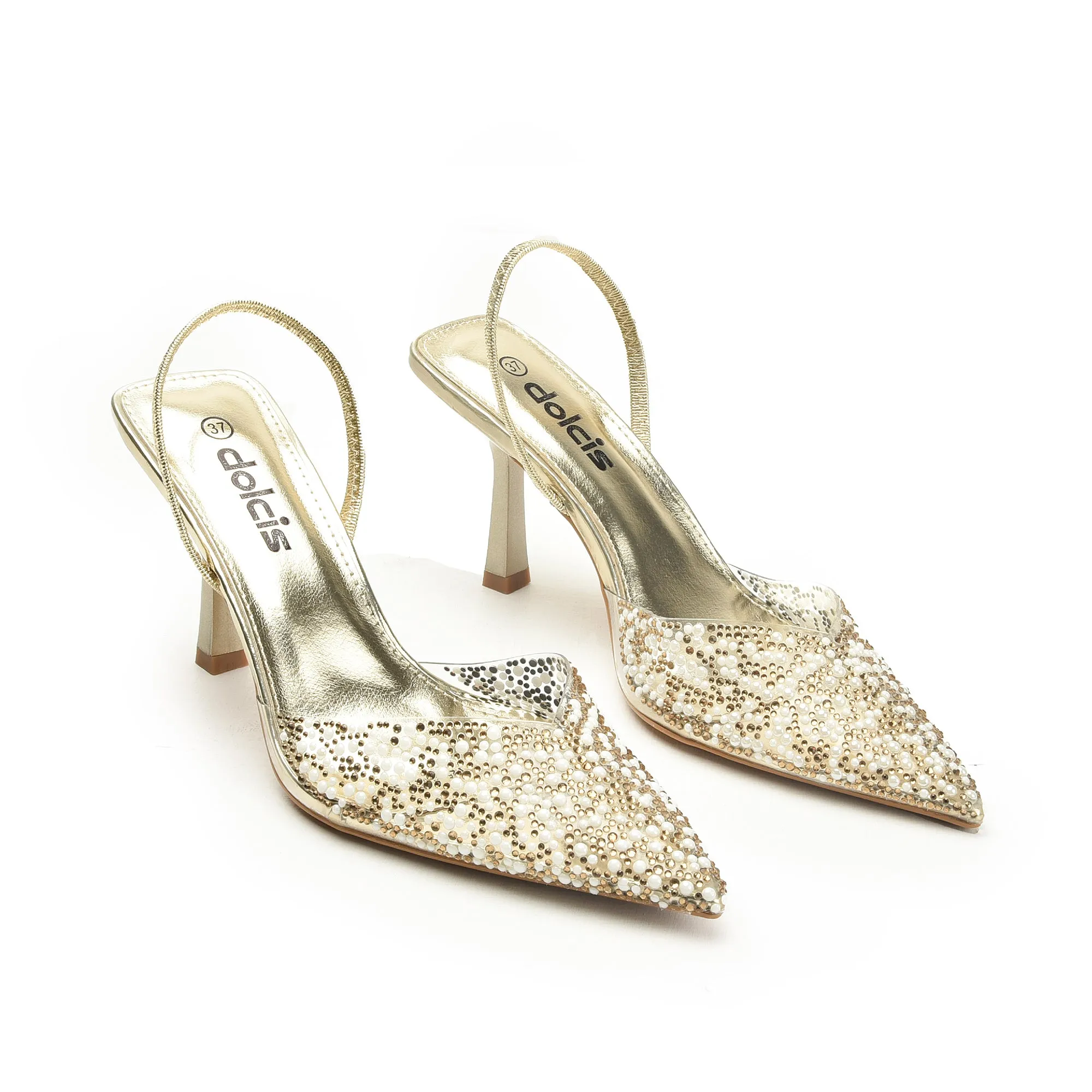 Gold Crystal-Embellished Slingback Stilettos | 445N-X