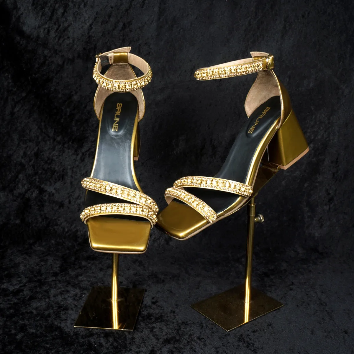 Golden Rhinestone Beads Embellishment Blocked Heel Buckled Strap Patent Leather Ladies Sandal By Brune & Bareskin