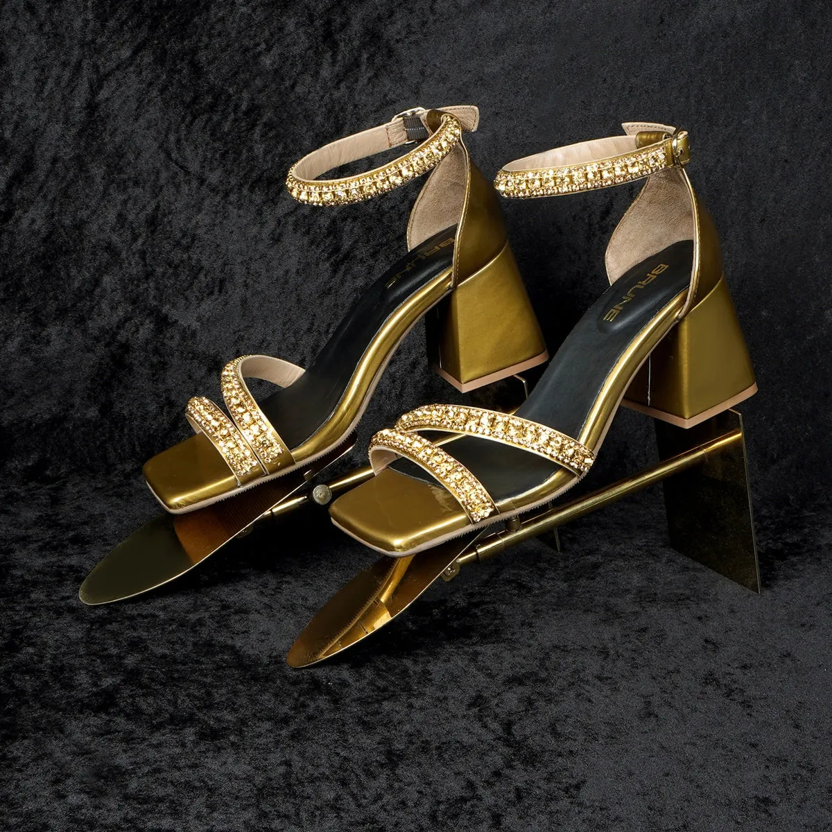 Golden Rhinestone Beads Embellishment Blocked Heel Buckled Strap Patent Leather Ladies Sandal By Brune & Bareskin