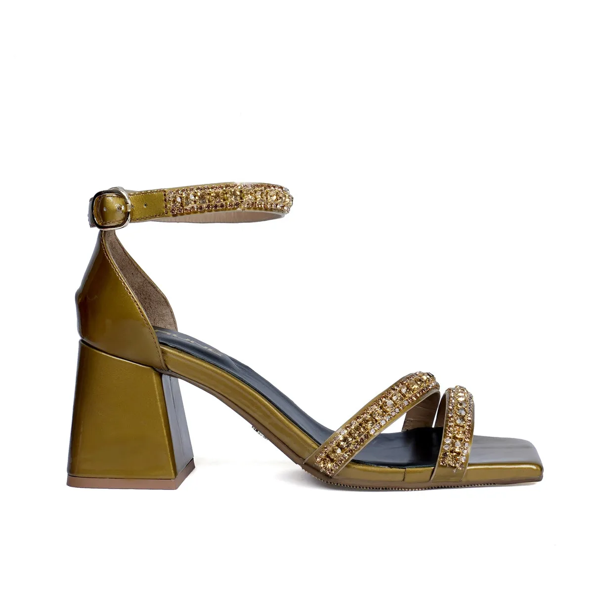 Golden Rhinestone Beads Embellishment Blocked Heel Buckled Strap Patent Leather Ladies Sandal By Brune & Bareskin