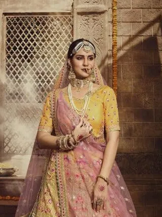 GOLDEN YELLOW AND PINK ZARI HEAVY EMBROIDERED LEHENGA WITH BLOUSE AND DUPATTA