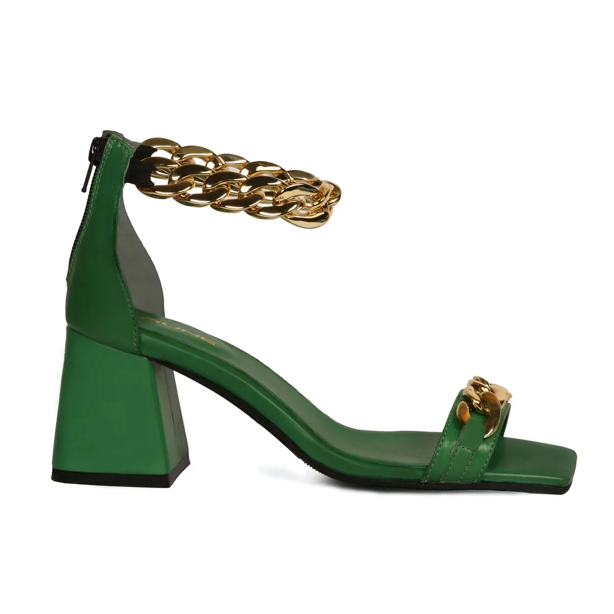 Green Blocked Heel Ladies Partywear Sandals with Golden Chain Embellishment Zipper Closure