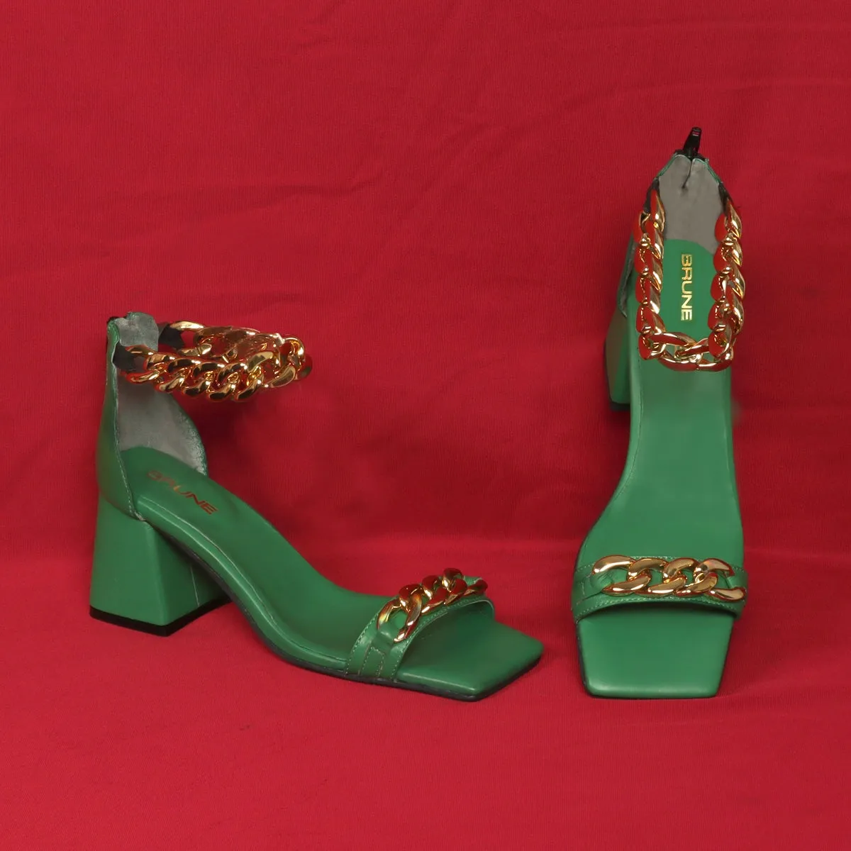 Green Blocked Heel Ladies Partywear Sandals with Golden Chain Embellishment Zipper Closure