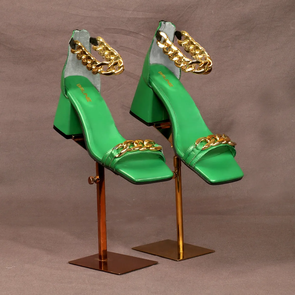 Green Blocked Heel Ladies Partywear Sandals with Golden Chain Embellishment Zipper Closure