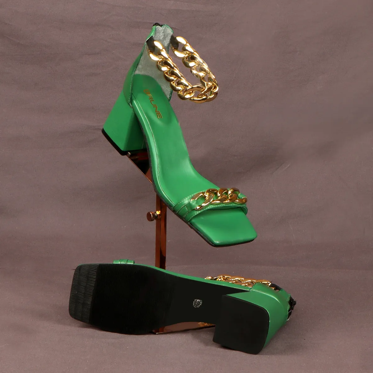 Green Blocked Heel Ladies Partywear Sandals with Golden Chain Embellishment Zipper Closure