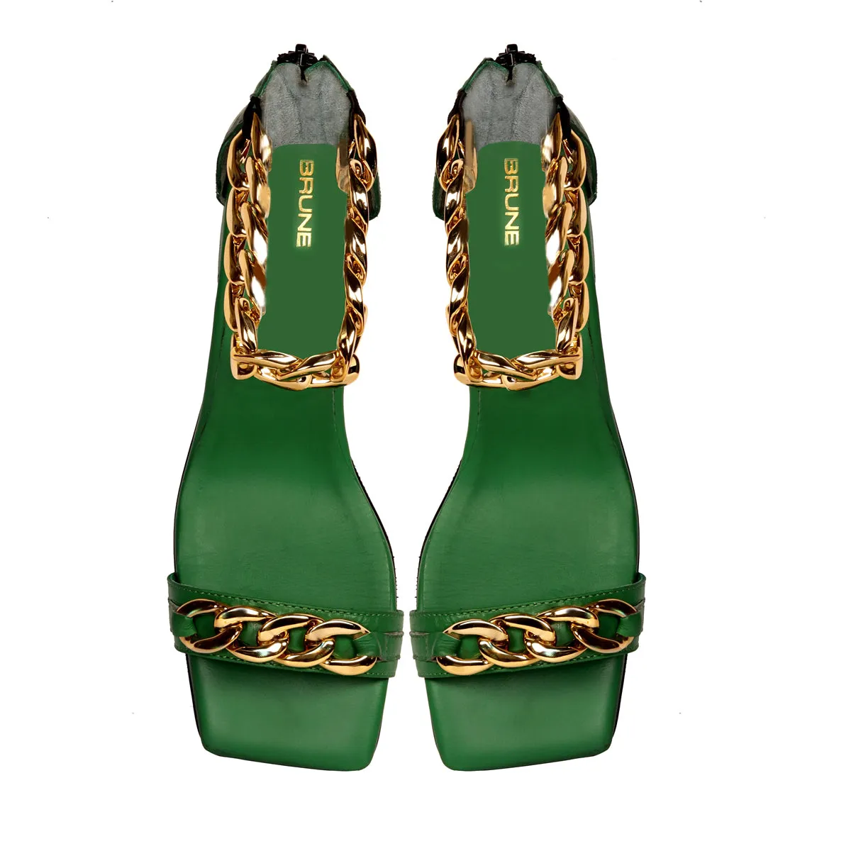 Green Blocked Heel Ladies Partywear Sandals with Golden Chain Embellishment Zipper Closure