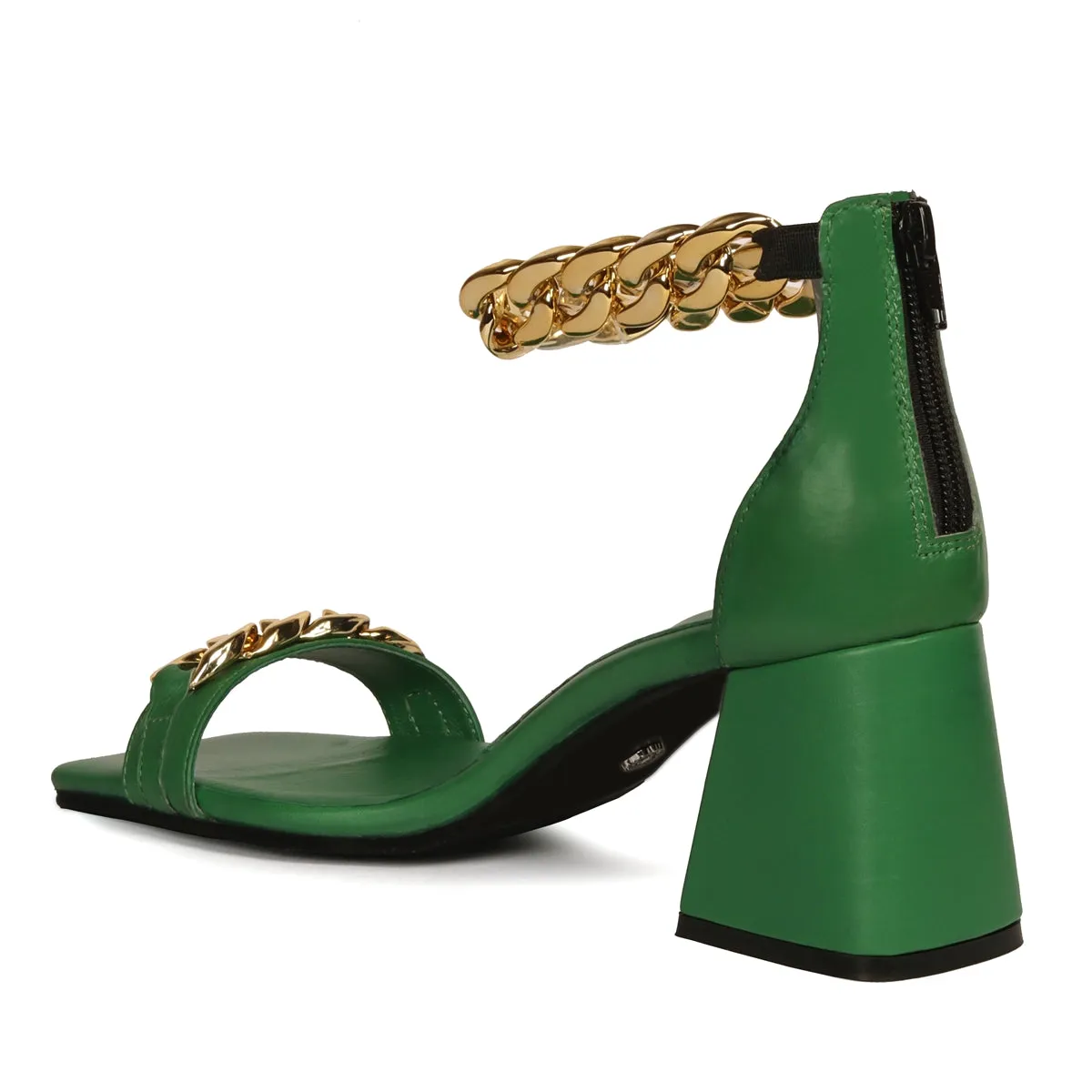 Green Blocked Heel Ladies Partywear Sandals with Golden Chain Embellishment Zipper Closure