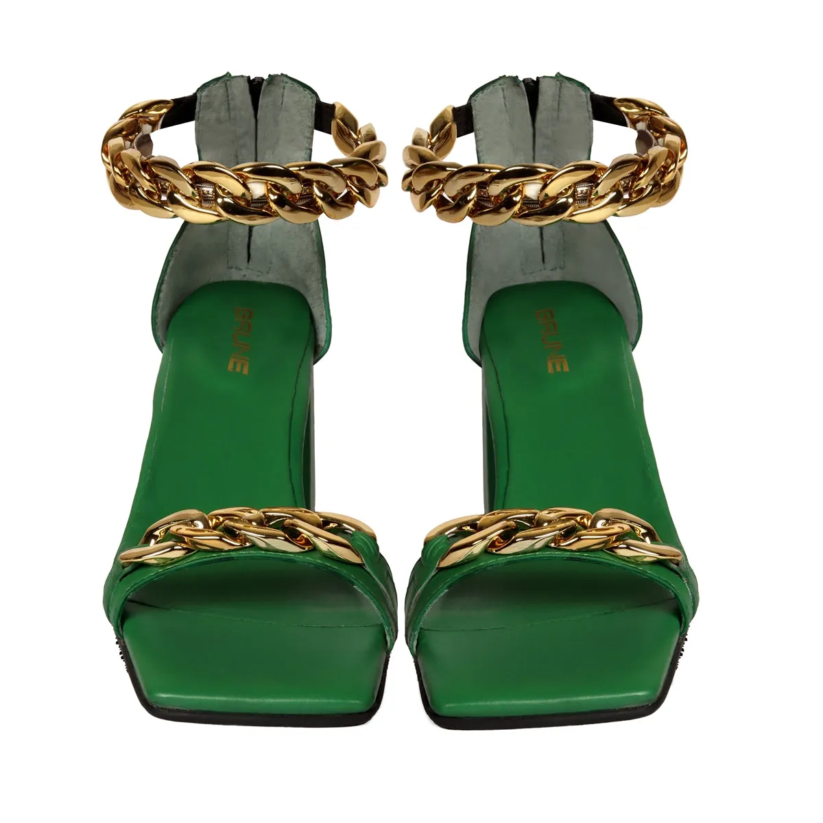 Green Blocked Heel Ladies Partywear Sandals with Golden Chain Embellishment Zipper Closure