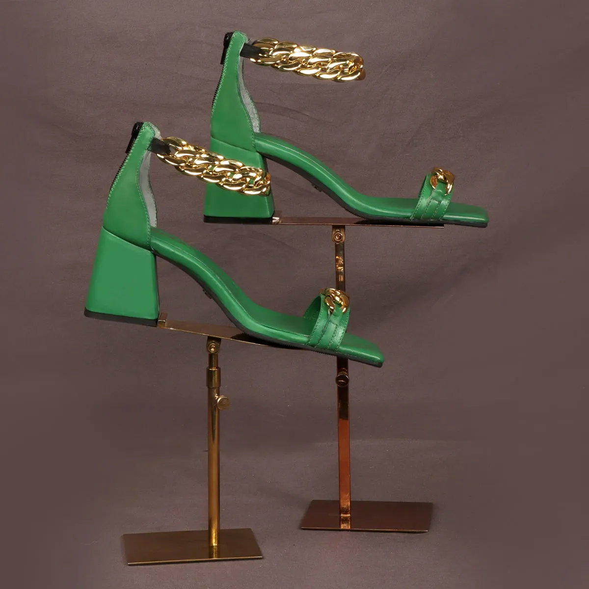 Green Blocked Heel Ladies Partywear Sandals with Golden Chain Embellishment Zipper Closure