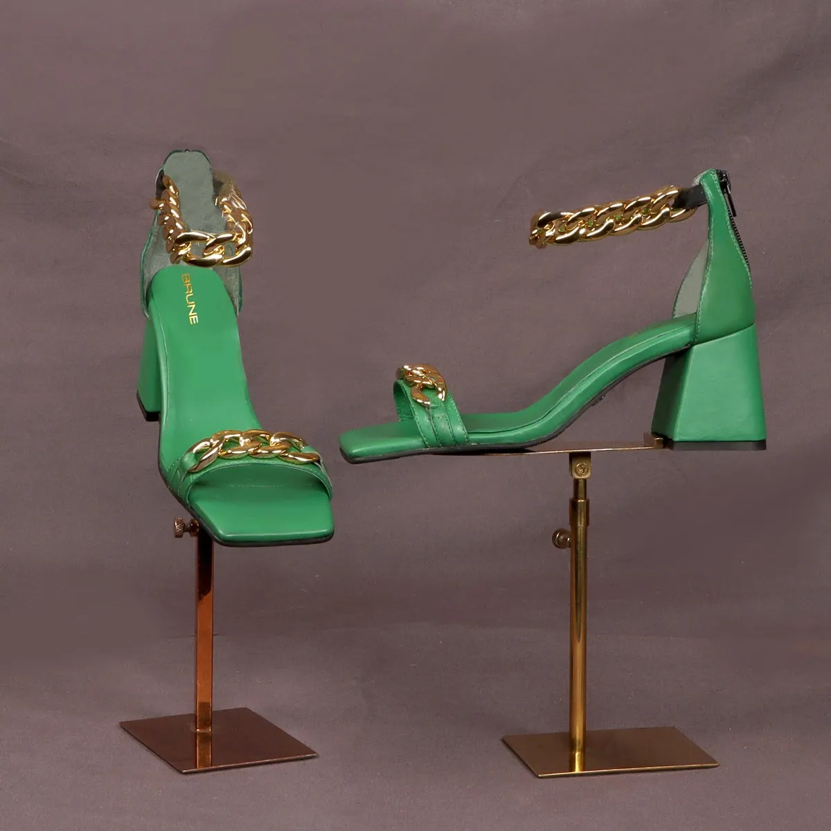 Green Blocked Heel Ladies Partywear Sandals with Golden Chain Embellishment Zipper Closure