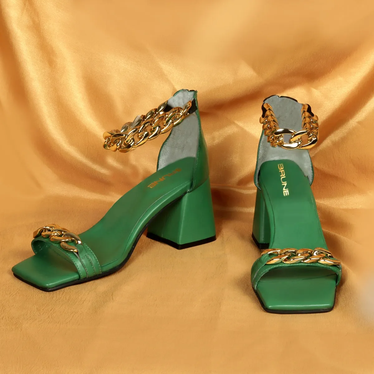 Green Blocked Heel Ladies Partywear Sandals with Golden Chain Embellishment Zipper Closure