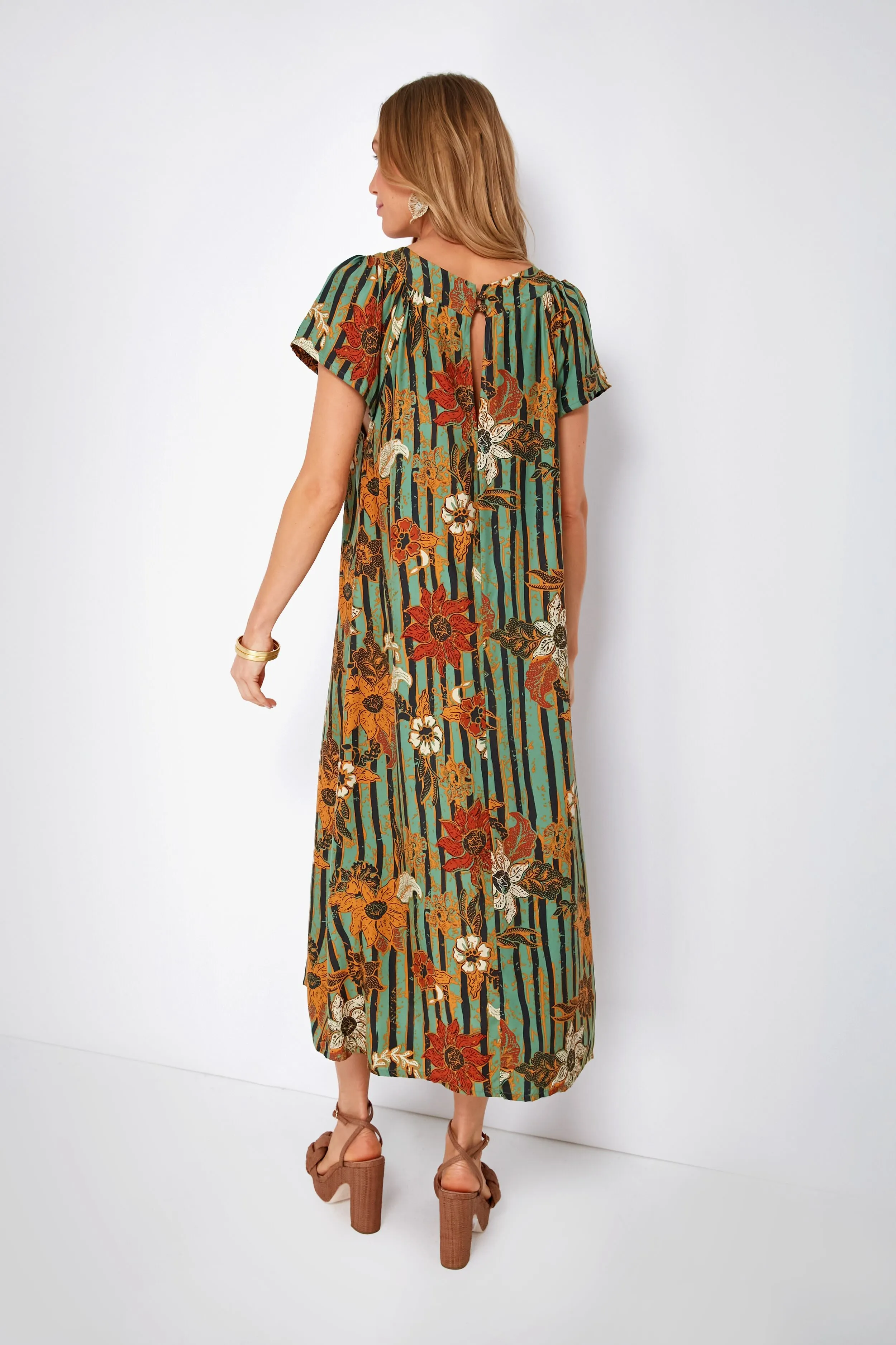 Green Sunflower Stripe Print Moss Sienna Midi Dress