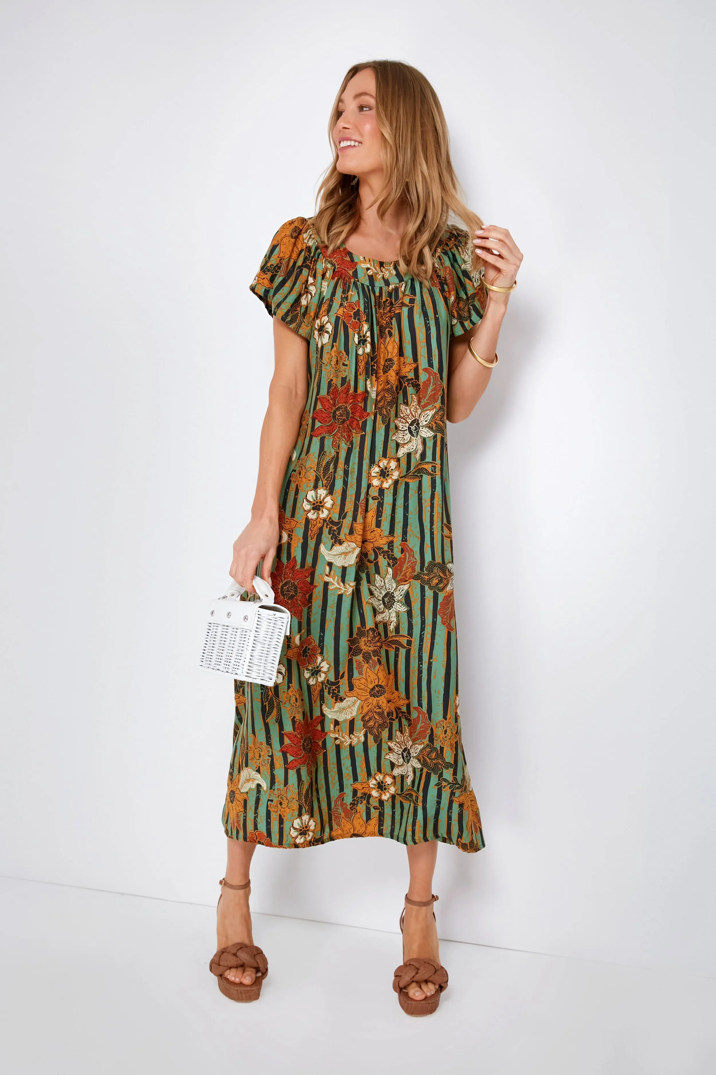 Green Sunflower Stripe Print Moss Sienna Midi Dress