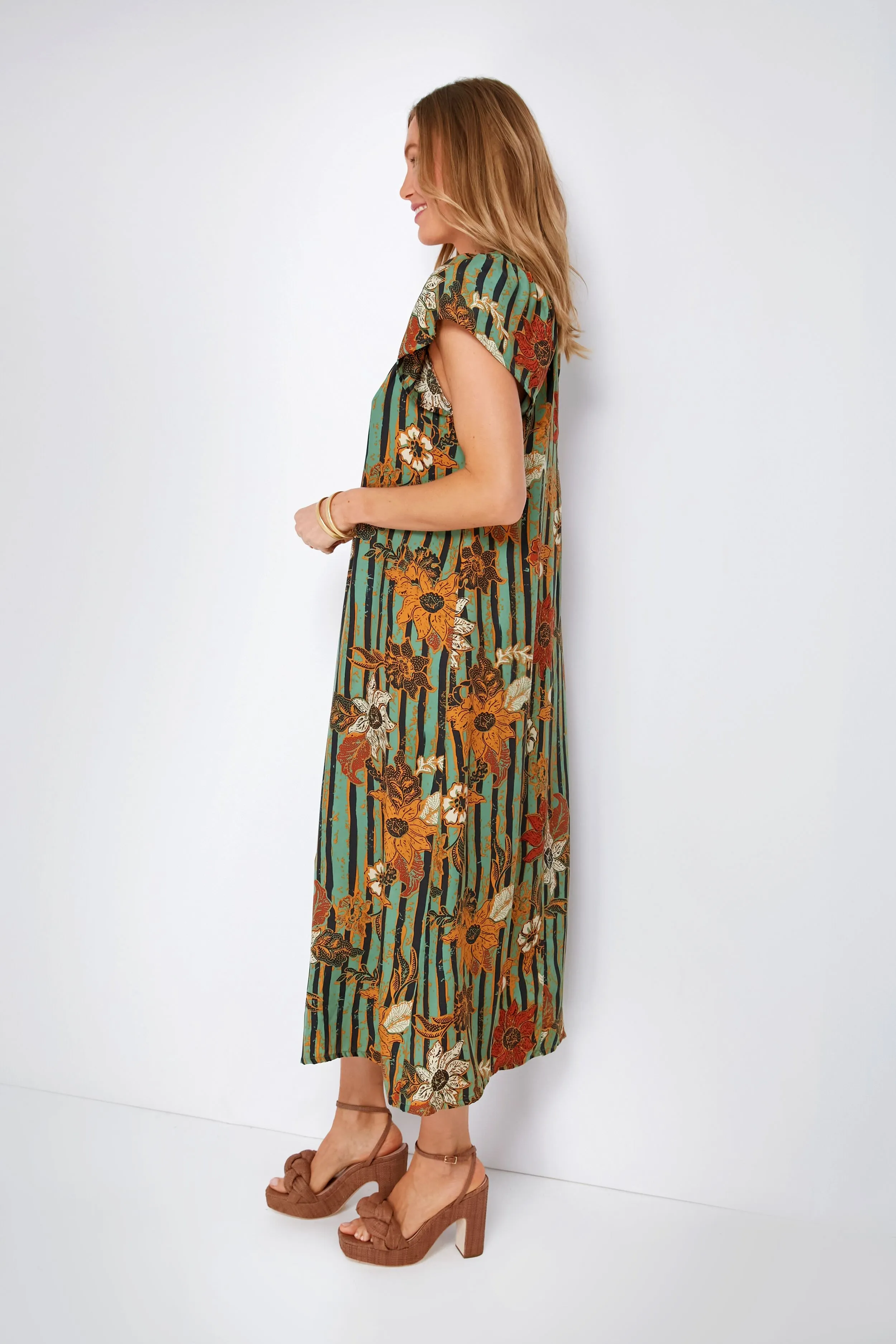 Green Sunflower Stripe Print Moss Sienna Midi Dress