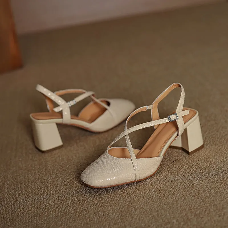 Handmade Leather Pumps Mid Heel X Strap Mary Jane Sandals in Red/Silver/Apricot