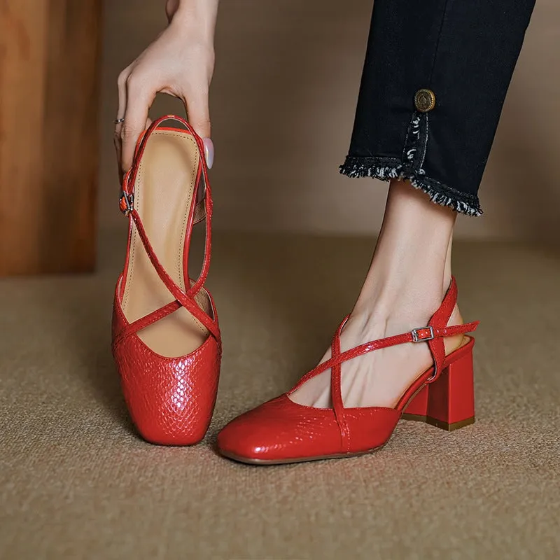 Handmade Leather Pumps Mid Heel X Strap Mary Jane Sandals in Red/Silver/Apricot