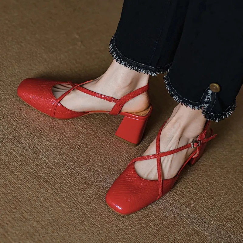 Handmade Leather Pumps Mid Heel X Strap Mary Jane Sandals in Red/Silver/Apricot