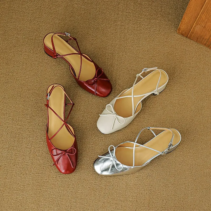 Handmade Leather Pumps Mid Heel X Strap Mary Jane Sandals in Red/Silver/Beige