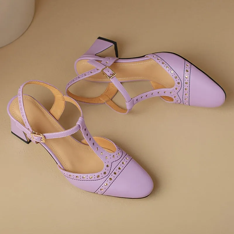 Handmade Leather T-strap Block Heel Mary Jane Shoes For Summer Slingback Sandals in Beige/Purple