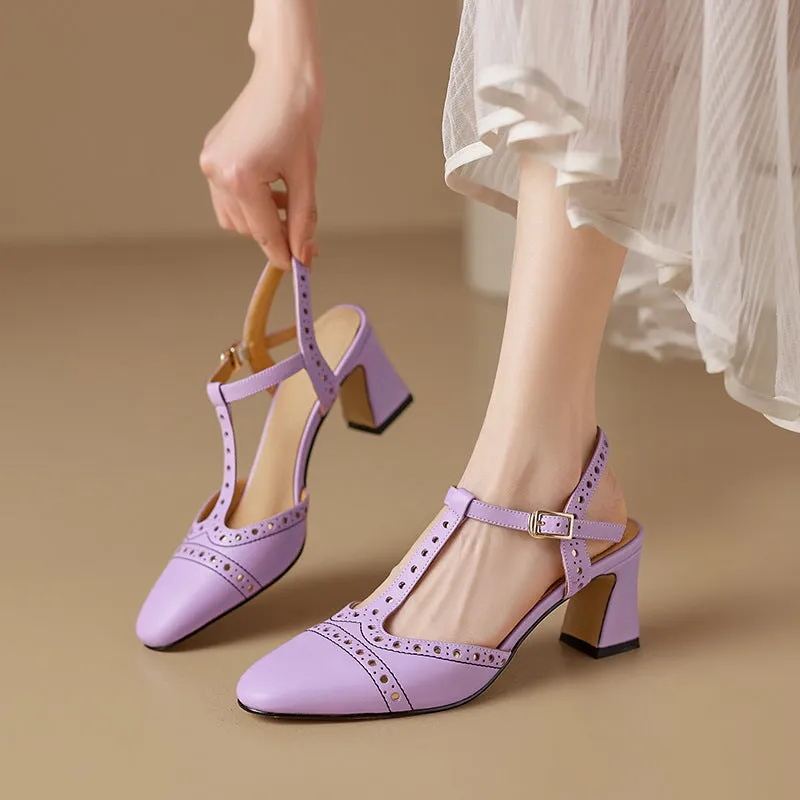 Handmade Leather T-strap Block Heel Mary Jane Shoes For Summer Slingback Sandals in Beige/Purple