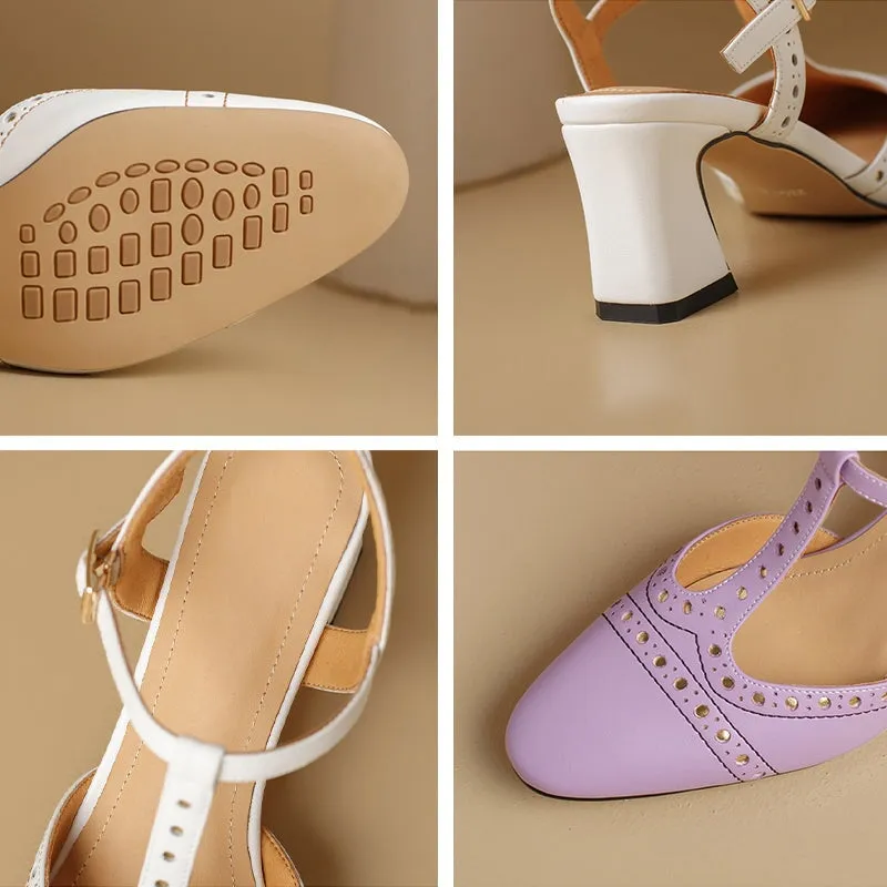 Handmade Leather T-strap Block Heel Mary Jane Shoes For Summer Slingback Sandals in Beige/Purple