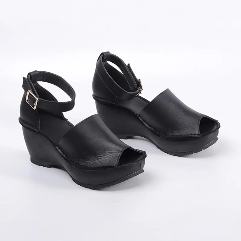 Handmade Leather Wedges Sandals Ankle Strap Peep Toe in Black/Apricot