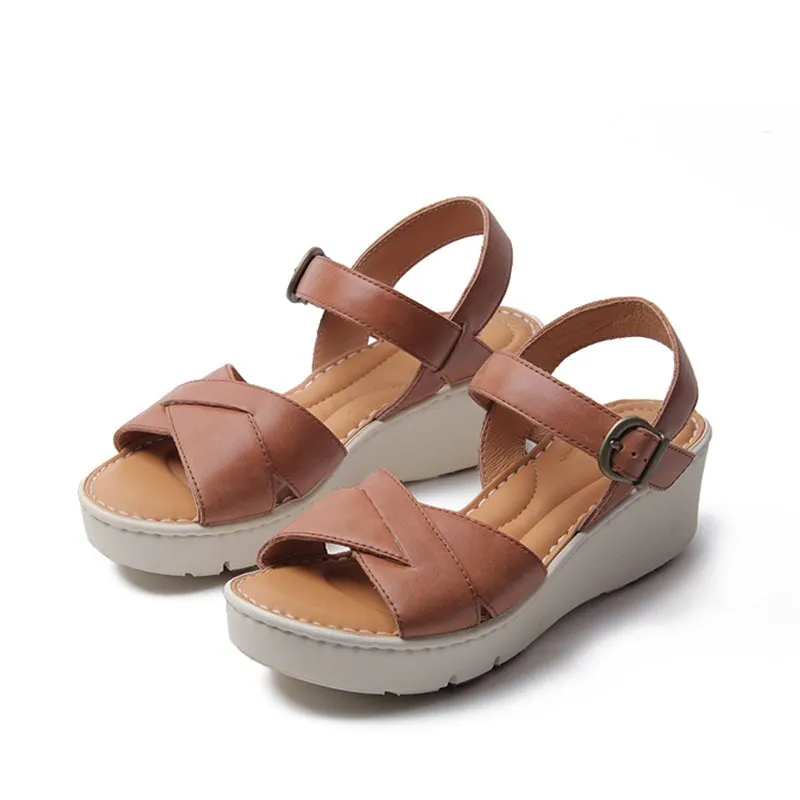 Handmade Leather x strap Sandals in Brown/Black/Apricot- Womens Platform Slingback