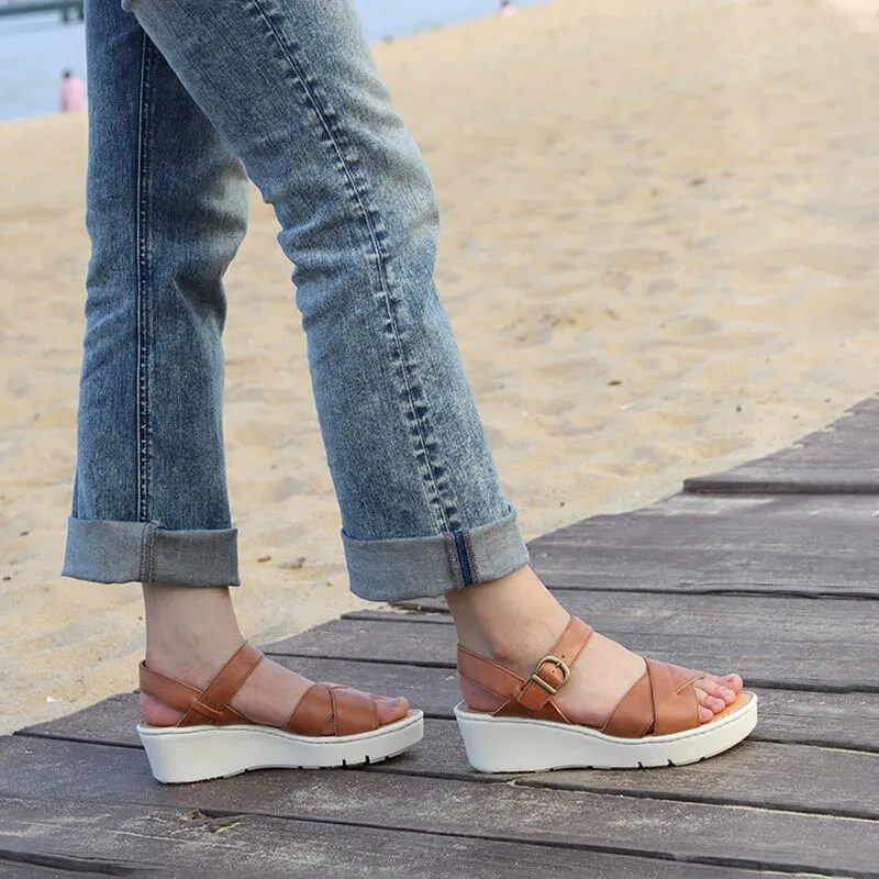 Handmade Leather x strap Sandals in Brown/Black/Apricot- Womens Platform Slingback