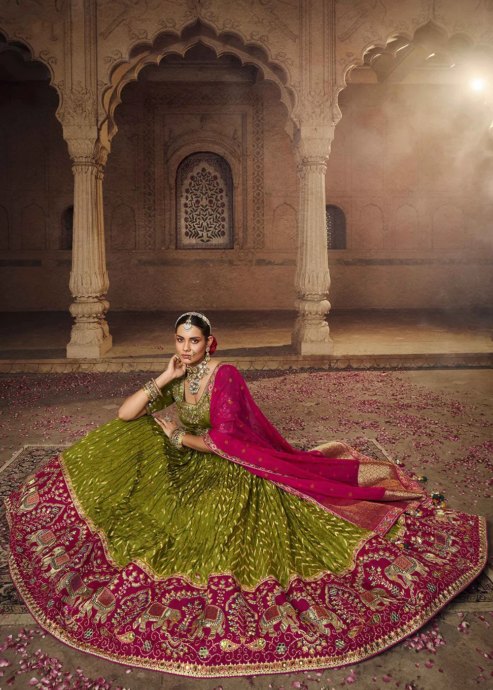 Heavy Viscose Mehndi Green Embroidered Bridal Lehenga Choli