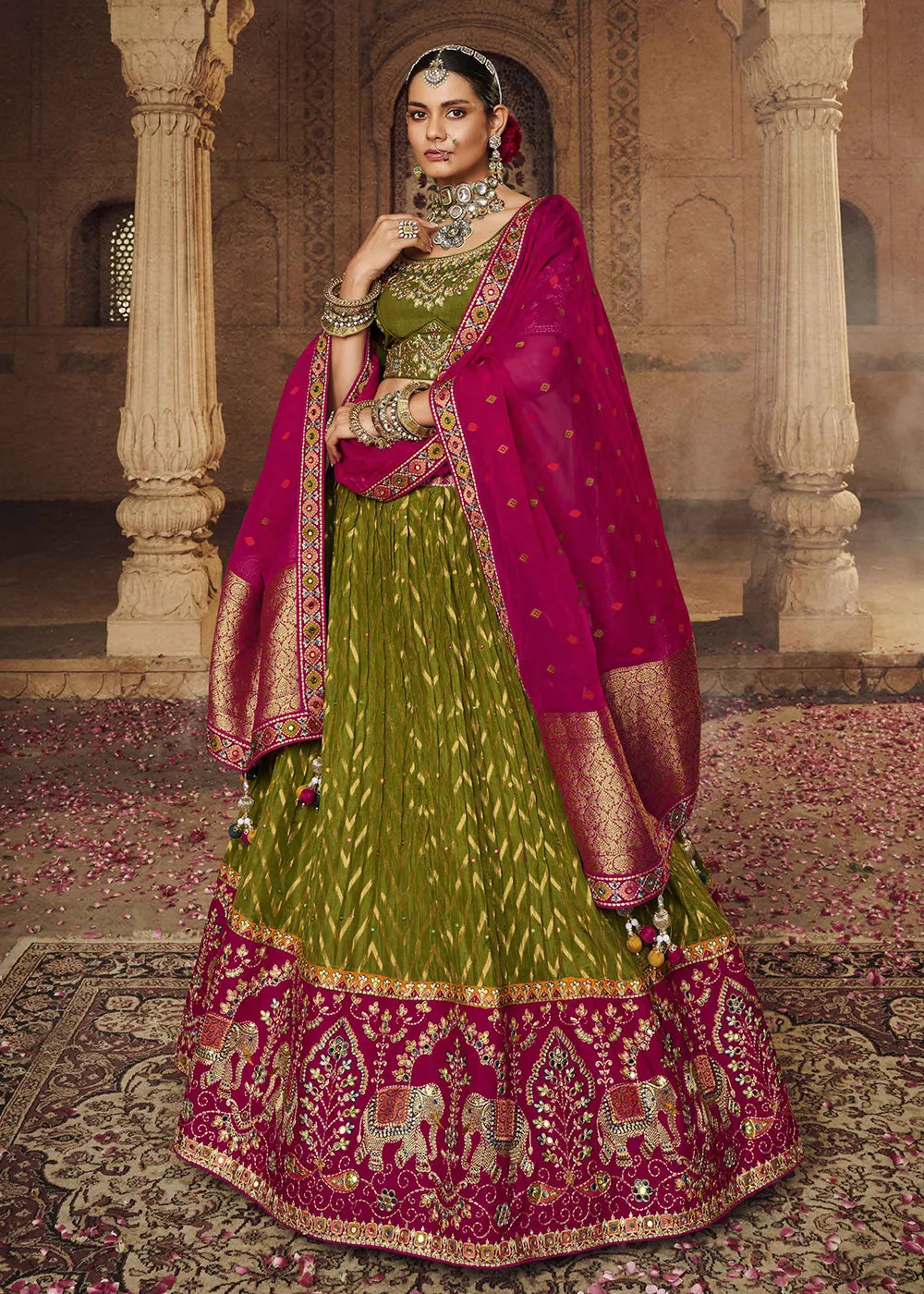 Heavy Viscose Mehndi Green Embroidered Bridal Lehenga Choli