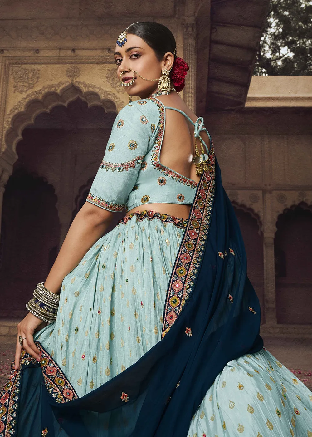 Heavy Viscose Turquoise Embroidered Bridal Lehenga Choli